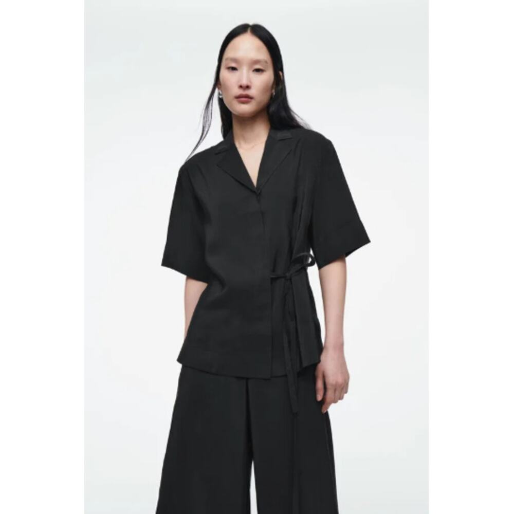 COS Tie-Waist Short Sleeve Button Shirt Size 6 Minimal Black Top